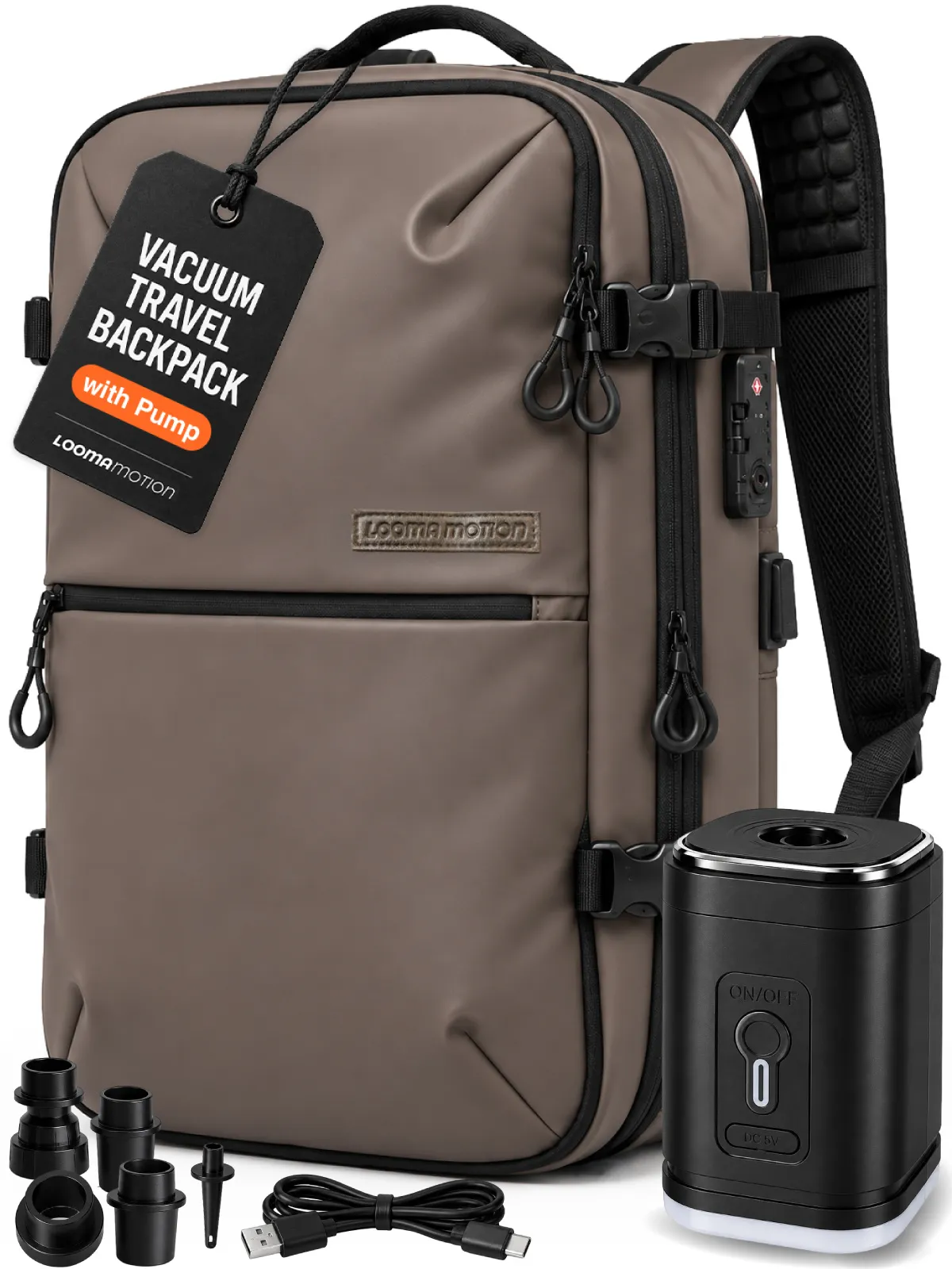 Looma Motion vacuum travel backpack, main image designed by AND creative studio