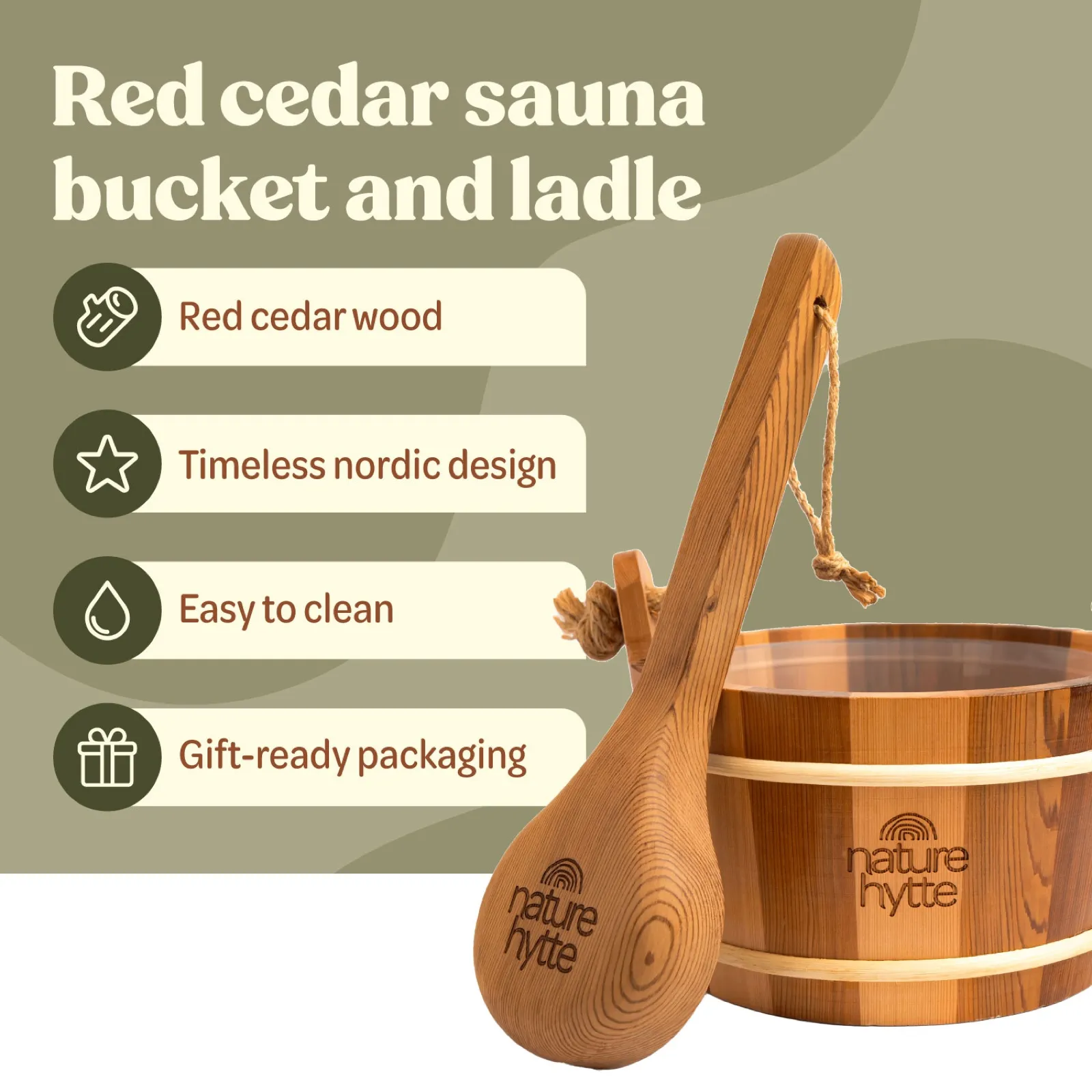 Nature Hytte, cedar sauna bucket, gallery designed by AND creative studio